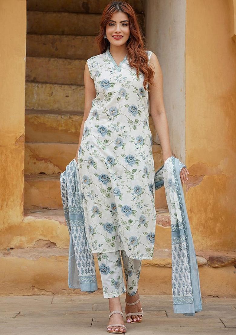 Rama Green Embroidered Cotton Slub Salwar Kameez With Dupatta