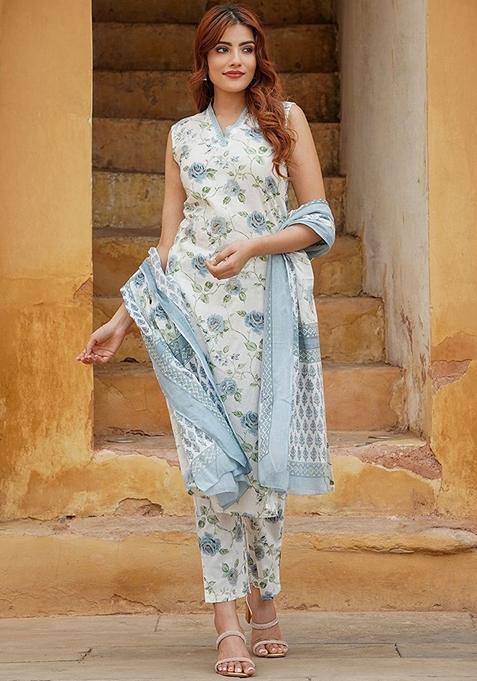 Rama Green Embroidered Cotton Slub Salwar Kameez With Dupatta