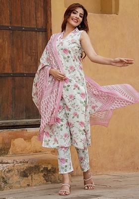 Pink Embroidered Cotton Slub Salwar Kameez With Dupatta