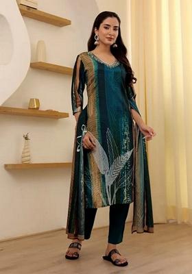 Multicolour Embroidered Rayon Salwar Kameez With Dupatta