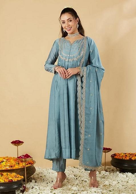 Teal Blue Embroidered Vichitra Silk Salwar Kameez With Dupatta