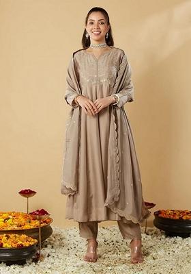 Cream Embroidered Vichitra Silk Salwar Kameez With Dupatta