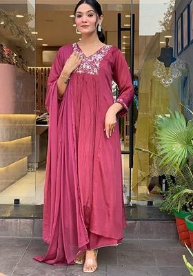 Pink Embroidered Chinnon Salwar Kameez With Dupatta