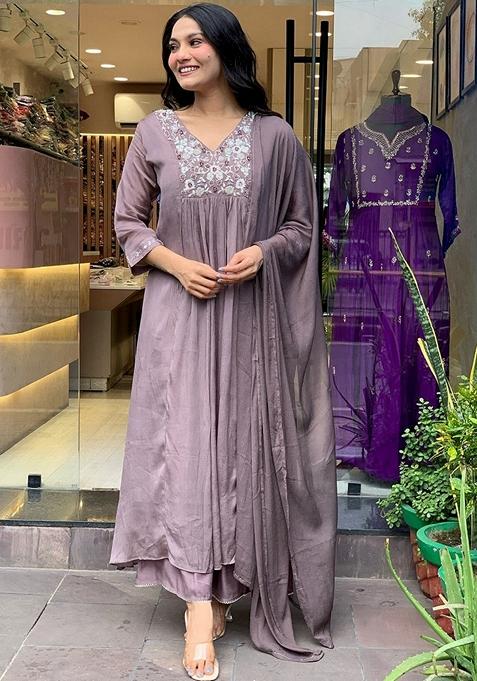 Grey Embroidered Chinnon Salwar Kameez With Dupatta