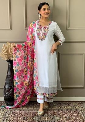 Off White Embroidered Chanderi Salwar Kameez With Dupatta