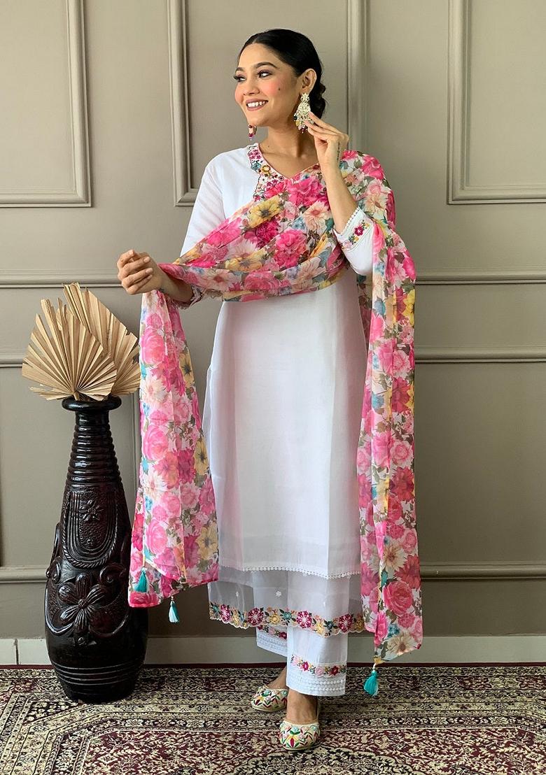 Off White Embroidered Chanderi Salwar Kameez With Dupatta