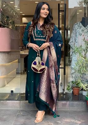 Teal Blue Embroidered Pure Cotton Salwar Kameez With Dupatta