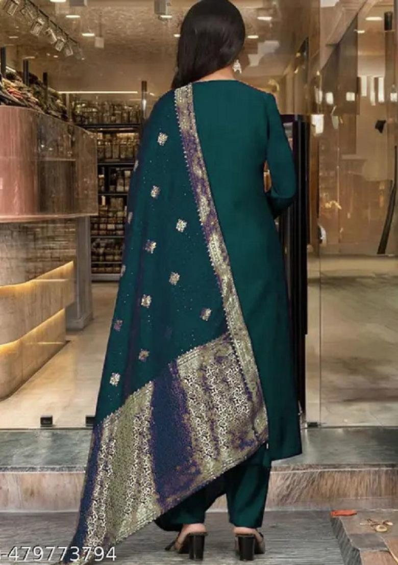 Teal Blue Embroidered Pure Cotton Salwar Kameez With Dupatta