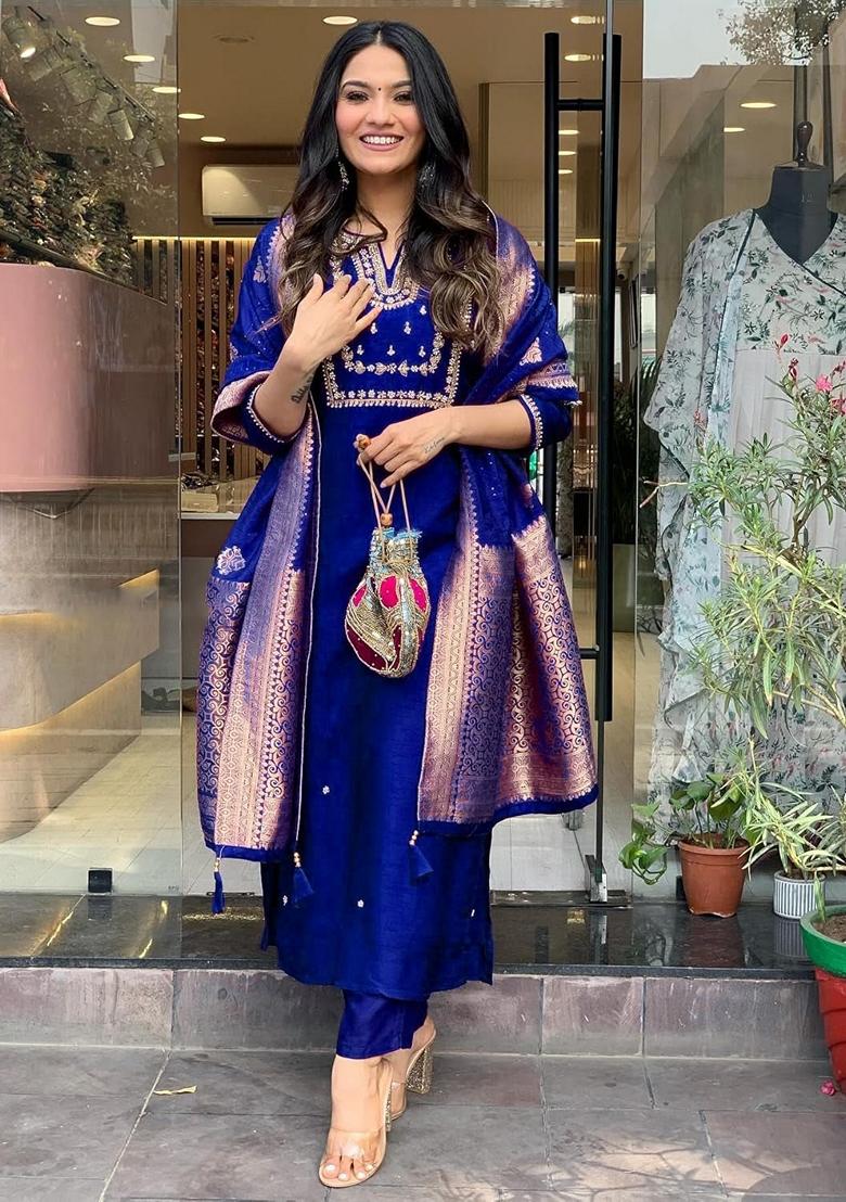 Royal Blue Embroidered Pure Cotton Salwar Kameez With Dupatta