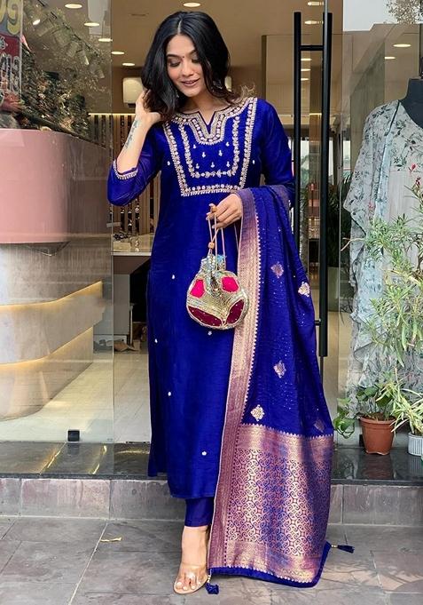 Royal Blue Embroidered Pure Cotton Salwar Kameez With Dupatta
