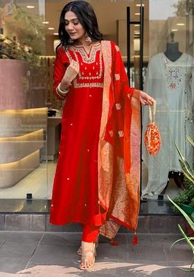 Red Embroidered Pure Cotton Salwar Kameez With Dupatta