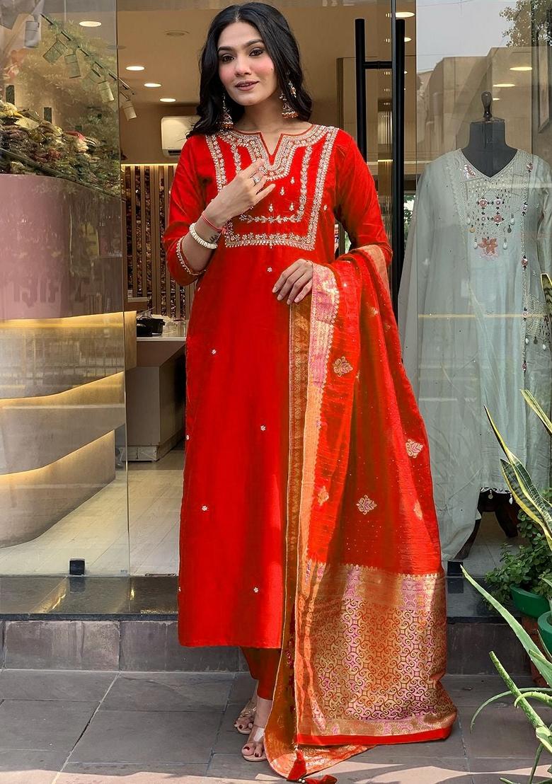 Red Embroidered Pure Cotton Salwar Kameez With Dupatta
