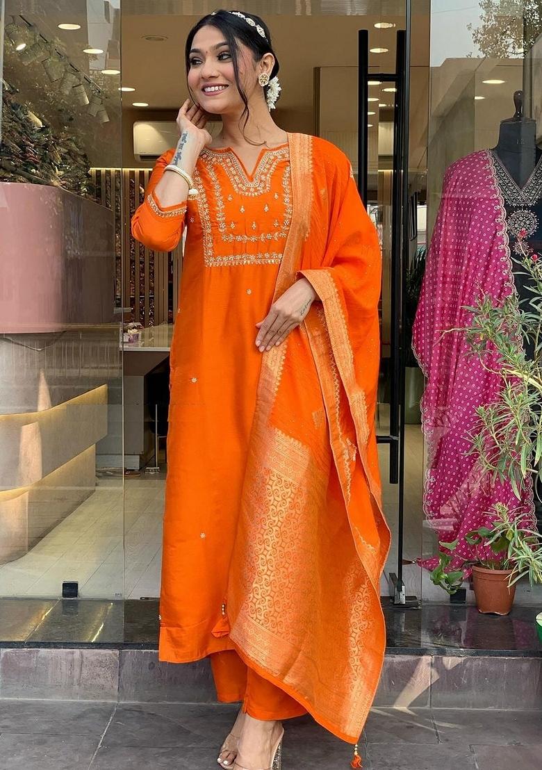 Fanta Orange Embroidered Pure Cotton Salwar Kameez With Dupatta