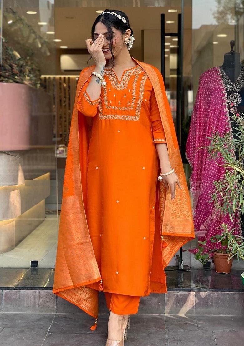 Fanta Orange Embroidered Pure Cotton Salwar Kameez With Dupatta