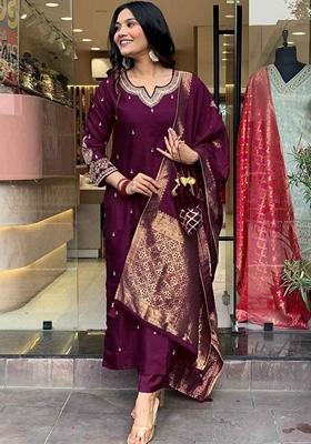Wine Embroidered Pure Cotton Salwar Kameez With Dupatta