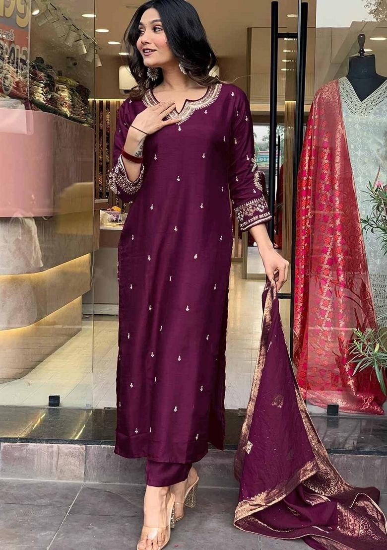Wine Embroidered Pure Cotton Salwar Kameez With Dupatta
