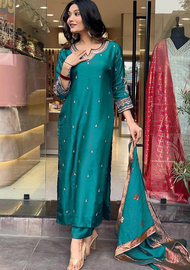 Rama Green Embroidered Pure Cotton Salwar Kameez With Dupatta