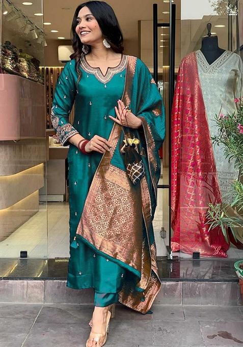 Rama Green Embroidered Pure Cotton Salwar Kameez With Dupatta