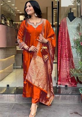Orange Embroidered Pure Cotton Salwar Kameez With Dupatta