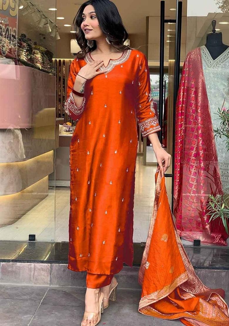 Orange Embroidered Pure Cotton Salwar Kameez With Dupatta
