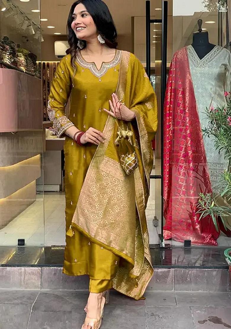Mustard Yellow Embroidered Pure Cotton Salwar Kameez With Dupatta