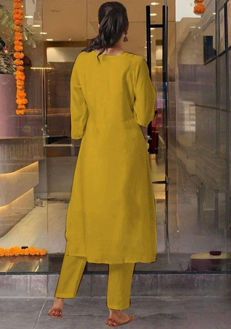 Mustard Yellow Embroidered Pure Cotton Salwar Kameez With Dupatta