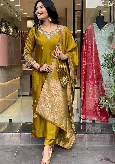 Mustard Yellow Embroidered Pure Cotton Salwar Kameez With Dupatta