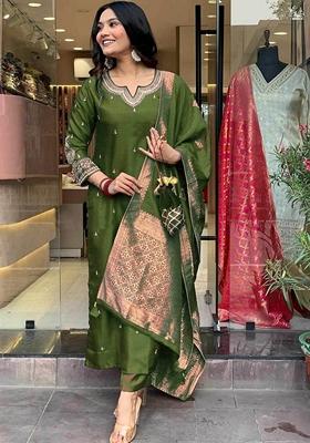 Mahendi Green Embroidered Pure Cotton Salwar Kameez With Dupatta