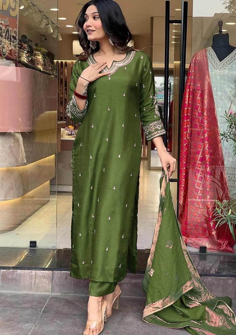 Mahendi Green Embroidered Pure Cotton Salwar Kameez With Dupatta