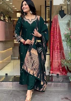 Bottle Green Embroidered Pure Cotton Salwar Kameez With Dupatta