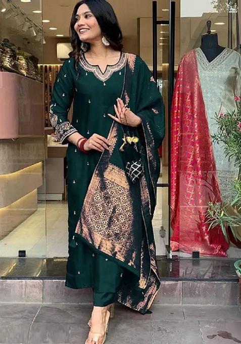 Bottle Green Embroidered Pure Cotton Salwar Kameez With Dupatta
