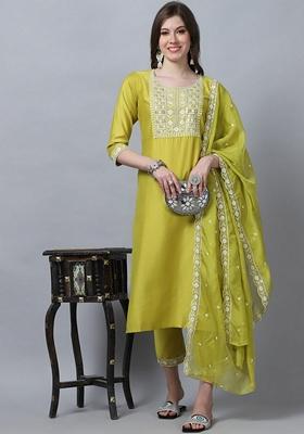 Parrot Green Embroidered Silk Salwar Kameez With Dupatta