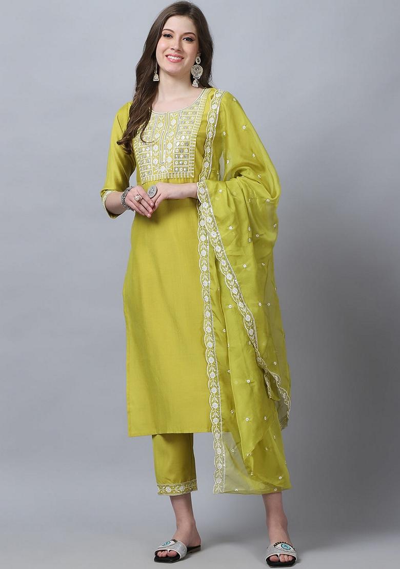 Parrot Green Embroidered Silk Salwar Kameez With Dupatta