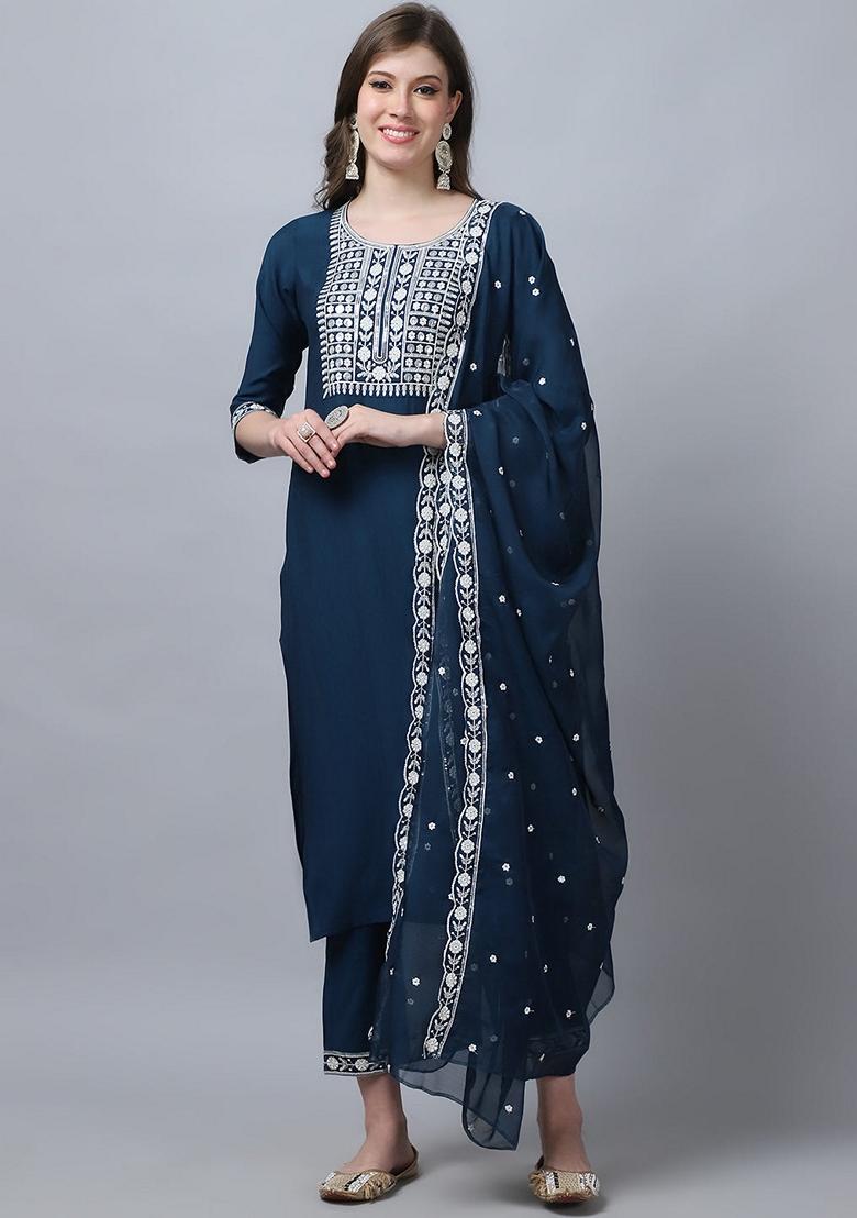 Teal Blue Embroidered Silk Salwar Kameez With Dupatta