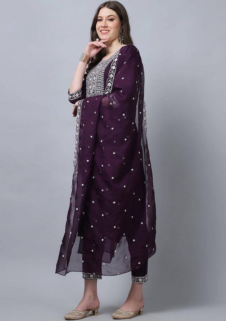 Purple Embroidered Silk Salwar Kameez With Dupatta