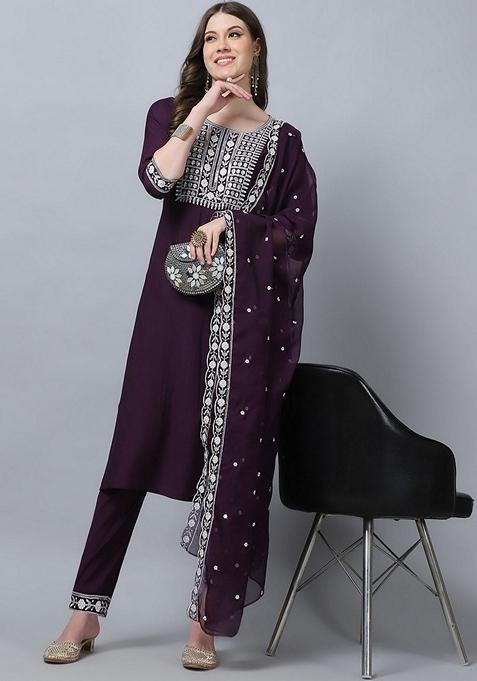 Purple Embroidered Silk Salwar Kameez With Dupatta