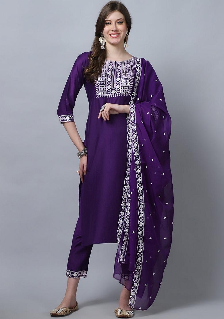 Blue Embroidered Silk Salwar Kameez With Dupatta