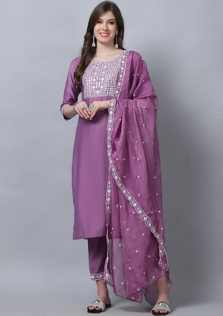 Lavender Embroidered Silk Salwar Kameez With Dupatta