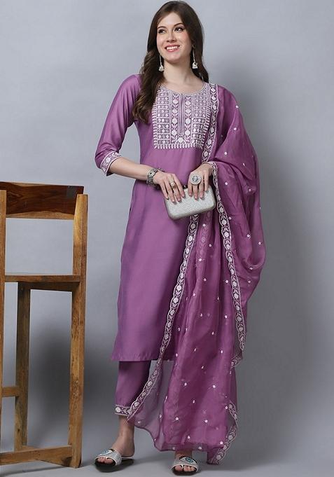 Lavender Embroidered Silk Salwar Kameez With Dupatta