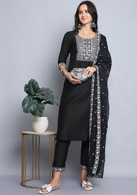 Black Embroidered Silk Salwar Kameez With Dupatta