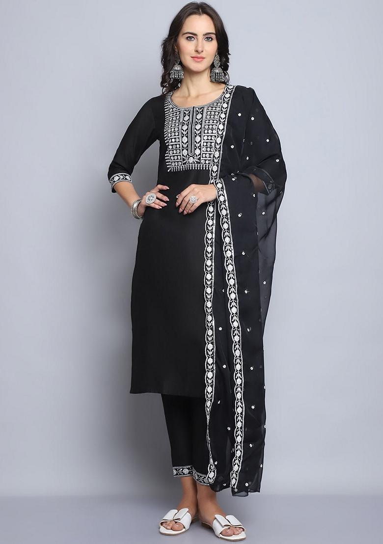 Black Embroidered Silk Salwar Kameez With Dupatta