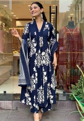 Navy Blue Printed Rayon Salwar Kameez With Dupatta