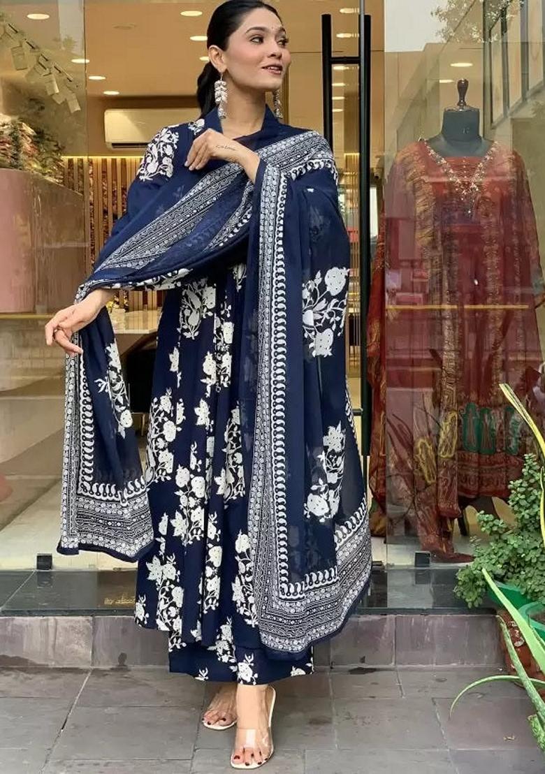 Navy Blue Printed Rayon Salwar Kameez With Dupatta