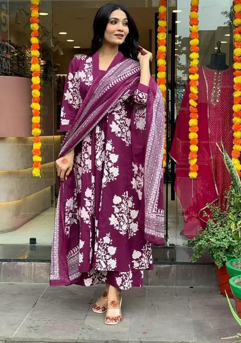 Wine Printed Rayon Salwar Kameez With Dupatta