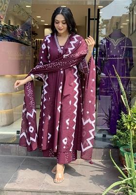 Purple Printed Rayon Salwar Kameez With Dupatta