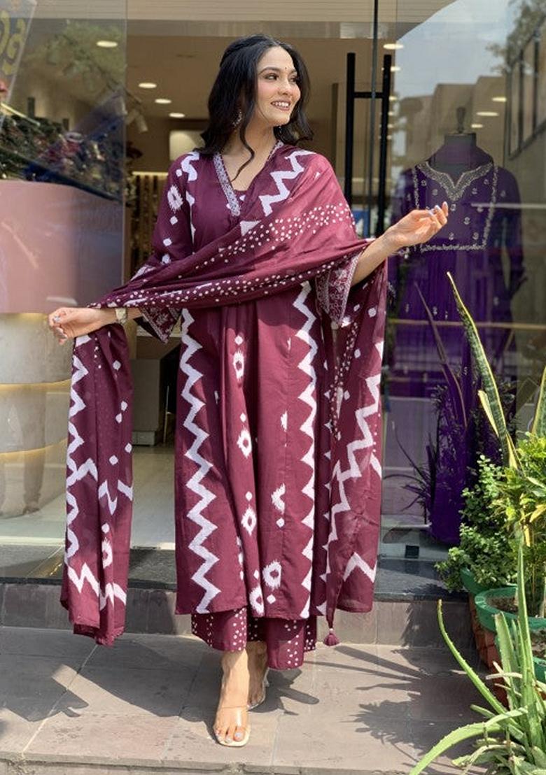 Purple Printed Rayon Salwar Kameez With Dupatta