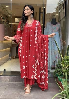 Red Printed Rayon Salwar Kameez With Dupatta
