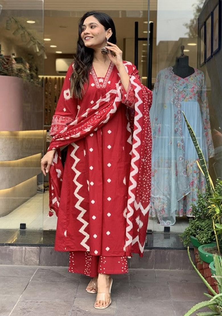 Red Printed Rayon Salwar Kameez With Dupatta