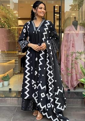 Black Printed Rayon Salwar Kameez With Dupatta