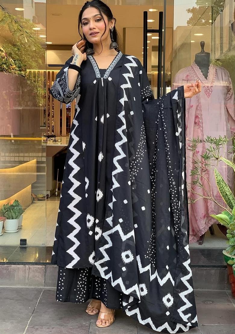 Black Printed Rayon Salwar Kameez With Dupatta